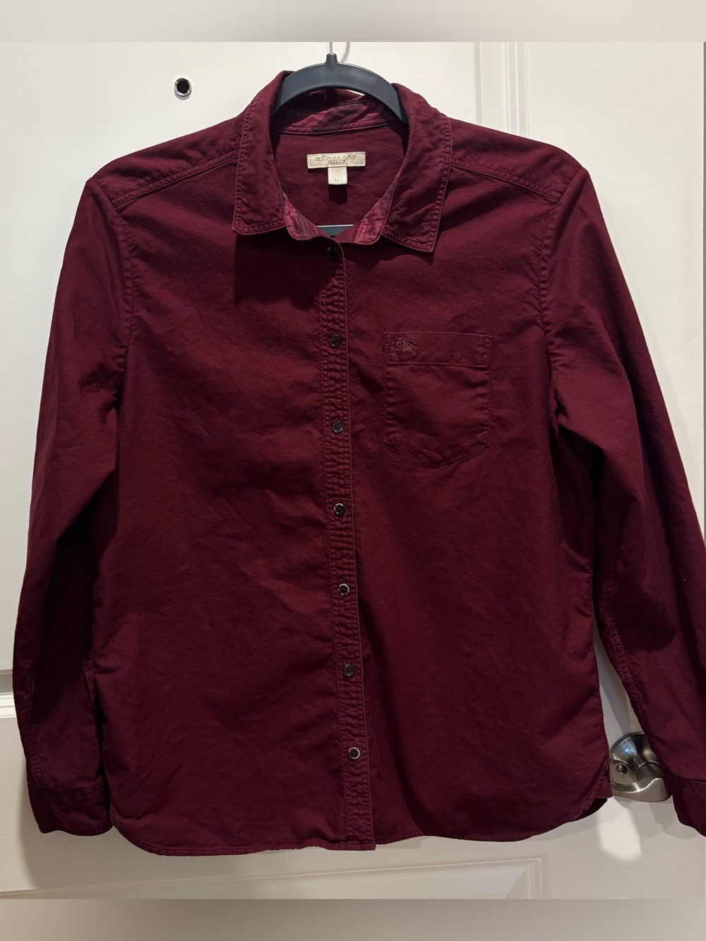 Vintage Burberry Brit Men’s M Burgundy Button Up Shirt Equestrian Knight